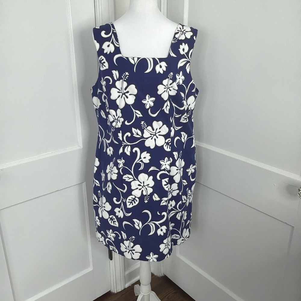 Vintage Shannon Marie Hawaiian Dress 2X Cotton Blue Hibiscus Floral Aloha Sheath